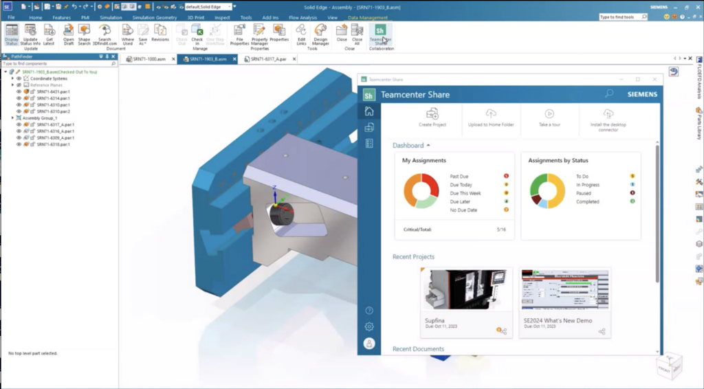 Screenshot showing Teamcenter Share open within the Solid Edge interface